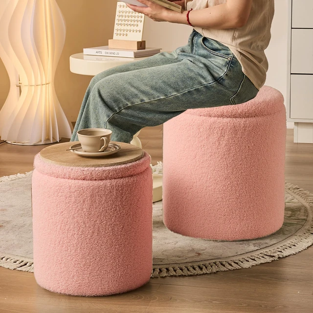Alt view image 3 of 7 - Set of 2 Round Storage Ottoman, Pink Sherpa Ottoman with Storage | Upholstered Padded Vanity Stool, Multifunctional Coffee Table & Foot Rest for Bedroom, Living room with Hidden Storage Space