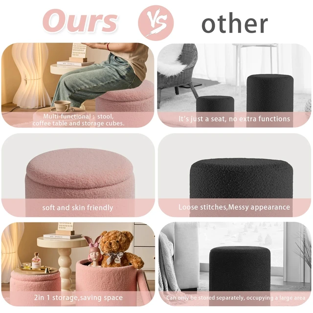 Alt view image 4 of 7 - Set of 2 Round Storage Ottoman, Pink Sherpa Ottoman with Storage | Upholstered Padded Vanity Stool, Multifunctional Coffee Table & Foot Rest for Bedroom, Living room with Hidden Storage Space