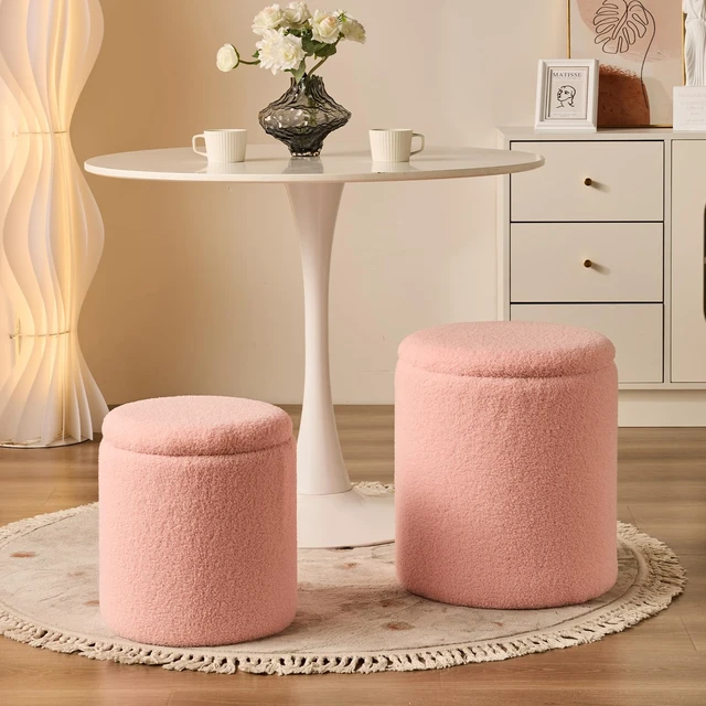 Alt view image 6 of 7 - Set of 2 Round Storage Ottoman, Pink Sherpa Ottoman with Storage | Upholstered Padded Vanity Stool, Multifunctional Coffee Table & Foot Rest for Bedroom, Living room with Hidden Storage Space