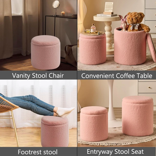 Alt view image 5 of 7 - Set of 2 Round Storage Ottoman, Pink Sherpa Ottoman with Storage | Upholstered Padded Vanity Stool, Multifunctional Coffee Table & Foot Rest for Bedroom, Living room with Hidden Storage Space
