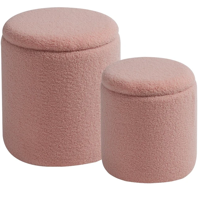 Alt view image 7 of 7 - Set of 2 Round Storage Ottoman, Pink Sherpa Ottoman with Storage | Upholstered Padded Vanity Stool, Multifunctional Coffee Table & Foot Rest for Bedroom, Living room with Hidden Storage Space