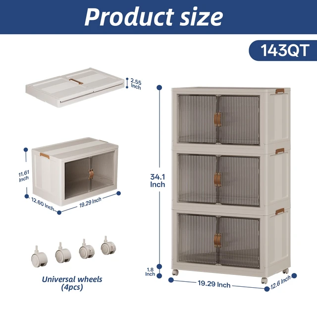 Alt view image 2 of 7 - Stackable Storage Bins with Lid, 143QT 3Pack Beige | 35 Gallon Stackable Storage Cabinet with Wheels, Storage Drawers,Foldable Storage Boxes for Closets,Bedroom,LivingRoom,Dorm