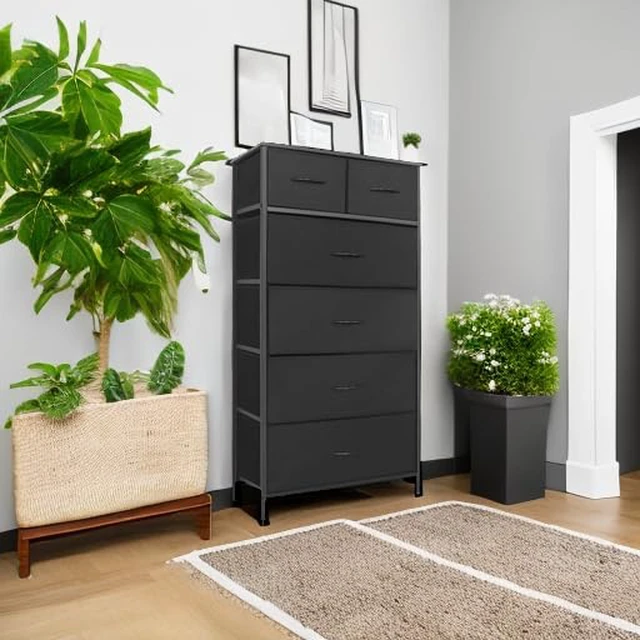Alt view image 5 of 7 - Tall Dresser for Bedroom, Vertical Storage Organizer Tower with 6 Drawers, Chest of Drawers with Fabric Bins, Steel Frame, Wood Top for Bedroom, Closet, Entryway- Black