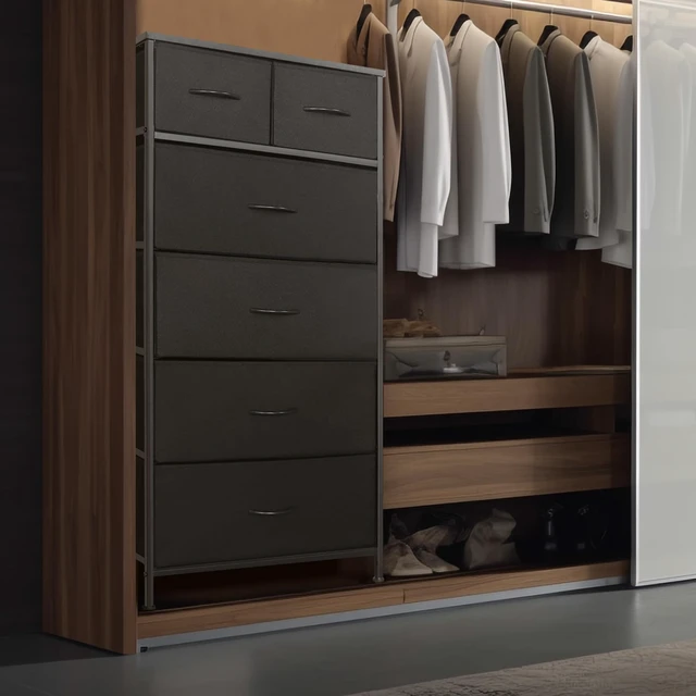 Alt view image 3 of 7 - Tall Dresser for Bedroom, Vertical Storage Organizer Tower with 6 Drawers, Chest of Drawers with Fabric Bins, Steel Frame, Wood Top for Bedroom, Closet, Entryway- Black