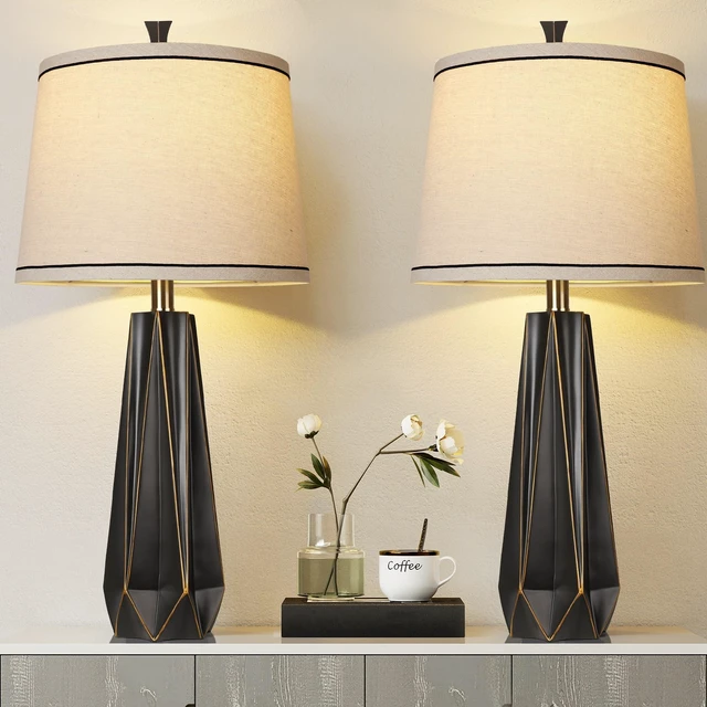 Main image of 27" Black Gold Rim Resin Table Lamp, Modern Desk Lamps, 3 Color Temperature | Prism-shaped Lamp Body, Rotary Switch, E26 Base, With Linen Shade, Desk Lamps for Living Room, Bedroom, 2 Bulbs Included