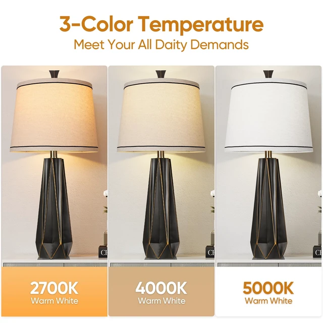 Alt view image 2 of 6 - 27" Black Gold Rim Resin Table Lamp, Modern Desk Lamps, 3 Color Temperature | Prism-shaped Lamp Body, Rotary Switch, E26 Base, With Linen Shade, Desk Lamps for Living Room, Bedroom, 2 Bulbs Included
