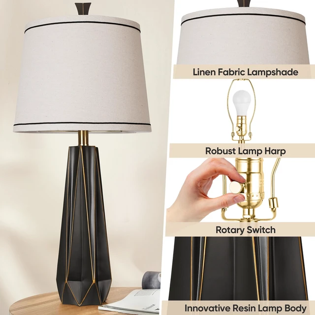Alt view image 3 of 6 - 27" Black Gold Rim Resin Table Lamp, Modern Desk Lamps, 3 Color Temperature | Prism-shaped Lamp Body, Rotary Switch, E26 Base, With Linen Shade, Desk Lamps for Living Room, Bedroom, 2 Bulbs Included