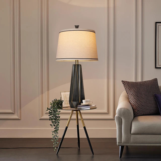 Alt view image 4 of 6 - 27" Black Gold Rim Resin Table Lamp, Modern Desk Lamps, 3 Color Temperature | Prism-shaped Lamp Body, Rotary Switch, E26 Base, With Linen Shade, Desk Lamps for Living Room, Bedroom, 2 Bulbs Included
