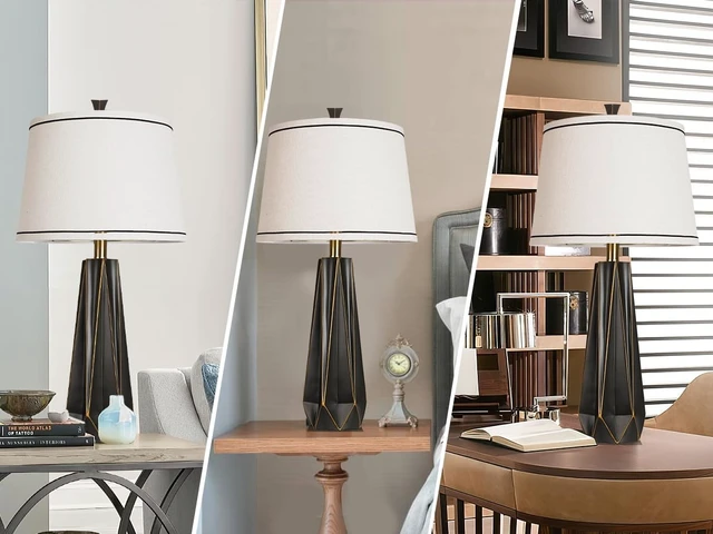 Alt view image 6 of 6 - 27" Black Gold Rim Resin Table Lamp, Modern Desk Lamps, 3 Color Temperature | Prism-shaped Lamp Body, Rotary Switch, E26 Base, With Linen Shade, Desk Lamps for Living Room, Bedroom, 2 Bulbs Included