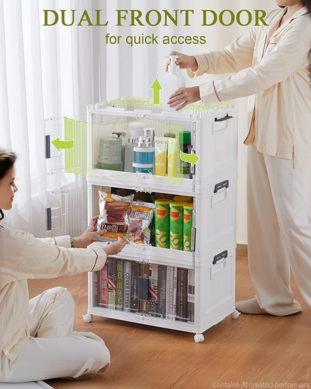 Alt view image 6 of 7 - 144QT Storage Bins with Lids for Closets, Office, Home, 3 Pack | Multi-Lid, Lockable Cabinet, Doors & Wheels, Foldable & Collapsible, Stackable Organizers, Plastic Drawers, Dorm, Game Day