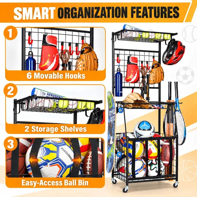 Alt view image 2 of 7 - Sports Equipment Storage for Garage, Ball Storage Organizer | Vertical sports storage rack with 2 wire shelves, 6 movable hooks, bat holders, elastic ball bin and locking wheels.