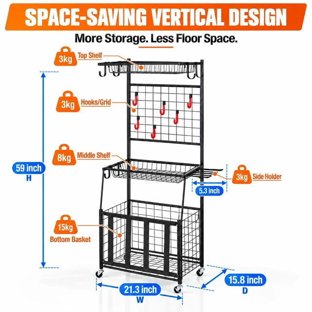 Alt view image 4 of 7 - Sports Equipment Storage for Garage, Ball Storage Organizer | Vertical sports storage rack with 2 wire shelves, 6 movable hooks, bat holders, elastic ball bin and locking wheels.