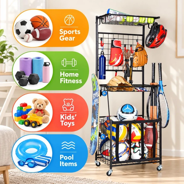 Alt view image 3 of 7 - Sports Equipment Storage for Garage, Ball Storage Organizer | Vertical sports storage rack with 2 wire shelves, 6 movable hooks, bat holders, elastic ball bin and locking wheels.