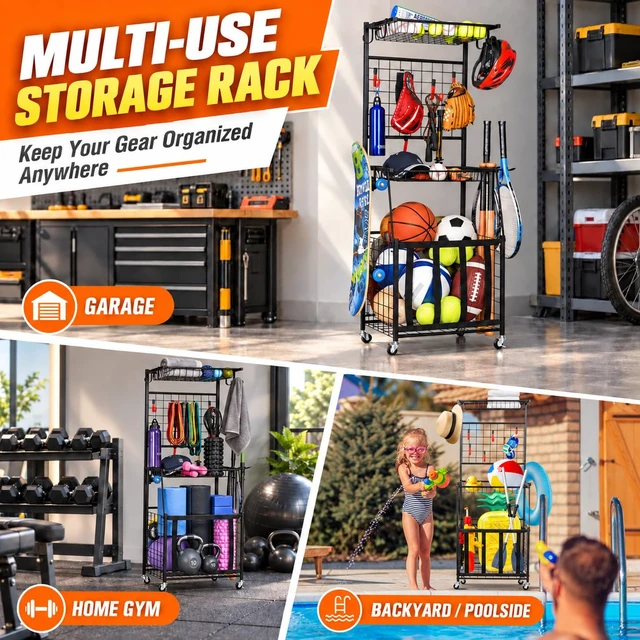 Alt view image 5 of 7 - Sports Equipment Storage for Garage, Ball Storage Organizer | Vertical sports storage rack with 2 wire shelves, 6 movable hooks, bat holders, elastic ball bin and locking wheels.