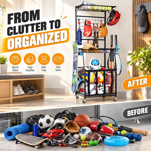 Alt view image 7 of 7 - Sports Equipment Storage for Garage, Ball Storage Organizer | Vertical sports storage rack with 2 wire shelves, 6 movable hooks, bat holders, elastic ball bin and locking wheels.