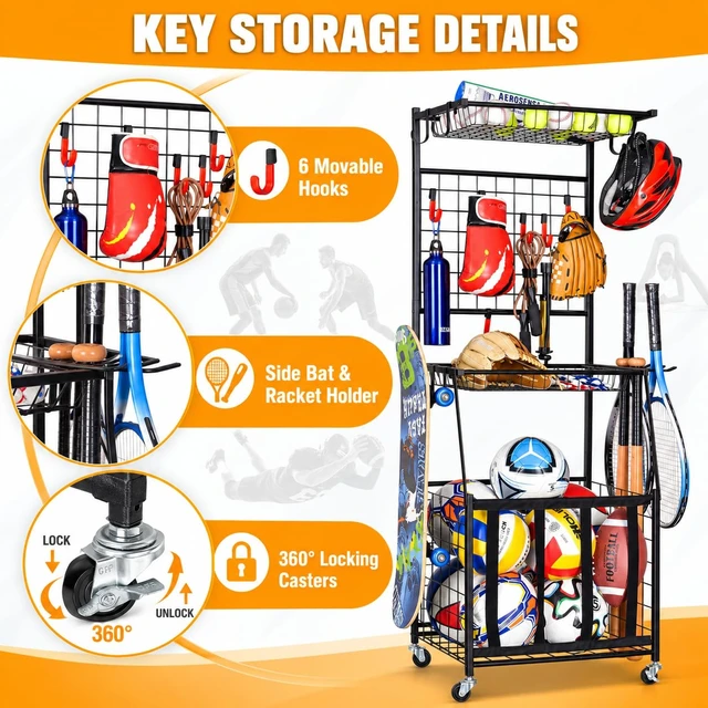Alt view image 6 of 7 - Sports Equipment Storage for Garage, Ball Storage Organizer | Vertical sports storage rack with 2 wire shelves, 6 movable hooks, bat holders, elastic ball bin and locking wheels.