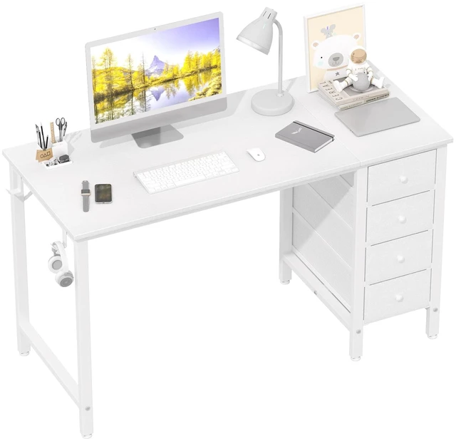Main image of White Computer Desk with Drawers, 47 Inch Reversible Study Work Writing Desk for Home Office Bedroom, Simple Modern Cute PC Desks with Fabric Drawer, White