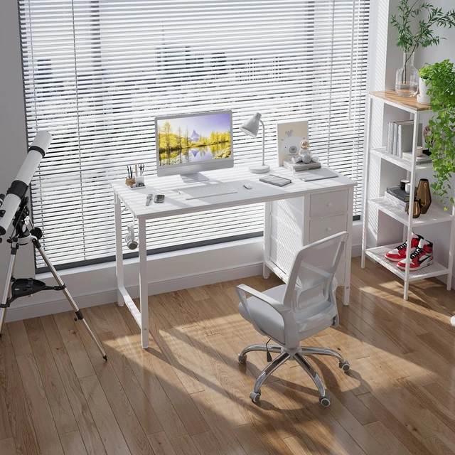 Alt view image 2 of 7 - White Computer Desk with Drawers, 47 Inch Reversible Study Work Writing Desk for Home Office Bedroom, Simple Modern Cute PC Desks with Fabric Drawer, White