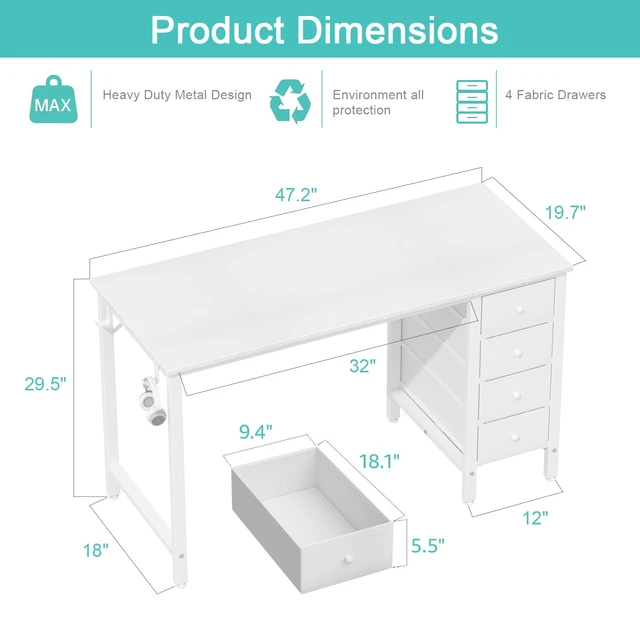 Alt view image 3 of 7 - White Computer Desk with Drawers, 47 Inch Reversible Study Work Writing Desk for Home Office Bedroom, Simple Modern Cute PC Desks with Fabric Drawer, White