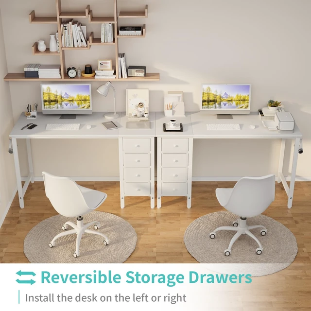 Alt view image 4 of 7 - White Computer Desk with Drawers, 47 Inch Reversible Study Work Writing Desk for Home Office Bedroom, Simple Modern Cute PC Desks with Fabric Drawer, White