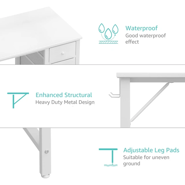 Alt view image 7 of 7 - White Computer Desk with Drawers, 47 Inch Reversible Study Work Writing Desk for Home Office Bedroom, Simple Modern Cute PC Desks with Fabric Drawer, White