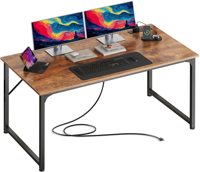 Main image of 47 X 24 Inch Deeper Desk with Power Outlets | Computer Desk for Bedroom, Office Desk for Work from Home, Writing Study Gaming Table, Stable Metal Frame, Rustic Brown
