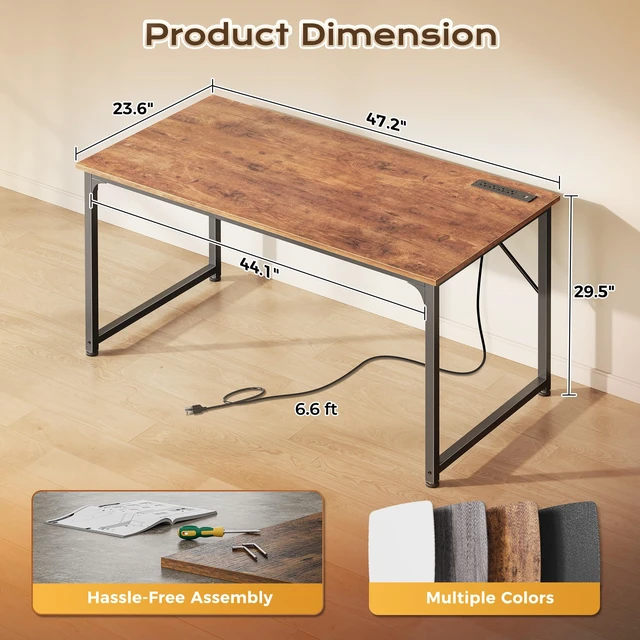 Alt view image 2 of 7 - 47 X 24 Inch Deeper Desk with Power Outlets | Computer Desk for Bedroom, Office Desk for Work from Home, Writing Study Gaming Table, Stable Metal Frame, Rustic Brown
