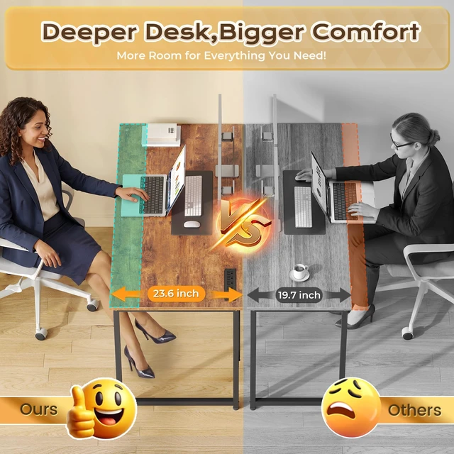 Alt view image 4 of 7 - 47 X 24 Inch Deeper Desk with Power Outlets | Computer Desk for Bedroom, Office Desk for Work from Home, Writing Study Gaming Table, Stable Metal Frame, Rustic Brown