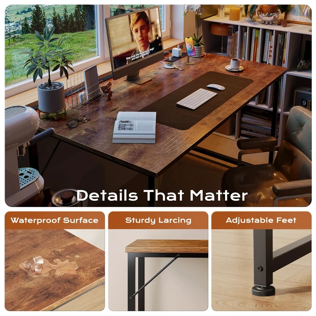 Alt view image 6 of 7 - 47 X 24 Inch Deeper Desk with Power Outlets | Computer Desk for Bedroom, Office Desk for Work from Home, Writing Study Gaming Table, Stable Metal Frame, Rustic Brown