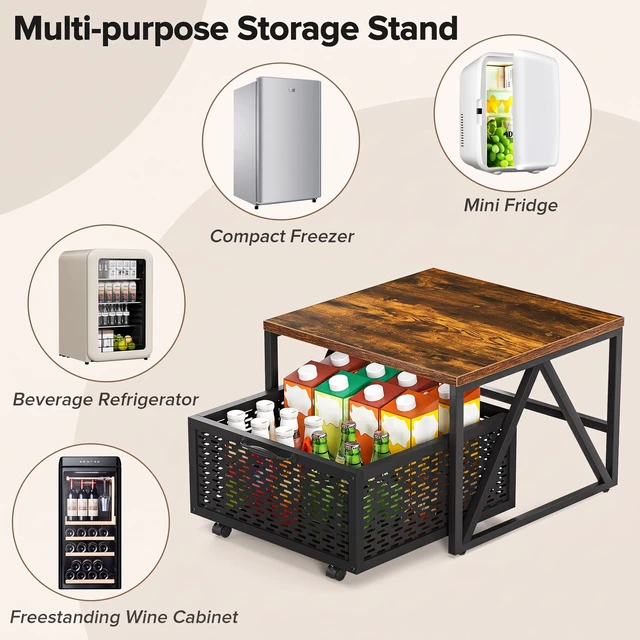 Alt view image 5 of 7 - Mini Fridge Stand with Storage, Heavy Duty Fridge Cart with Drawer Basket, Mini Refrigerator Table for 220 LBS, Mobile Fridge Stand with Swivel Wheels for Dorm,Office,Home, Retro Brown