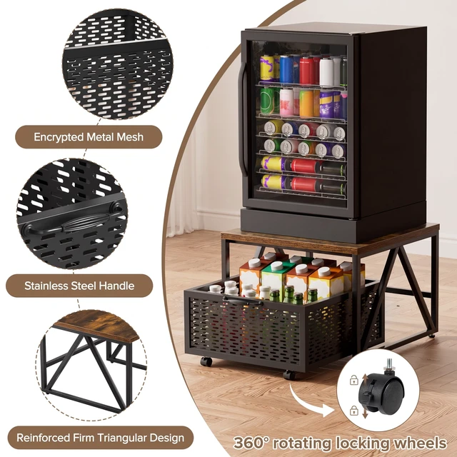 Alt view image 4 of 7 - Mini Fridge Stand with Storage, Heavy Duty Fridge Cart with Drawer Basket, Mini Refrigerator Table for 220 LBS, Mobile Fridge Stand with Swivel Wheels for Dorm,Office,Home, Retro Brown