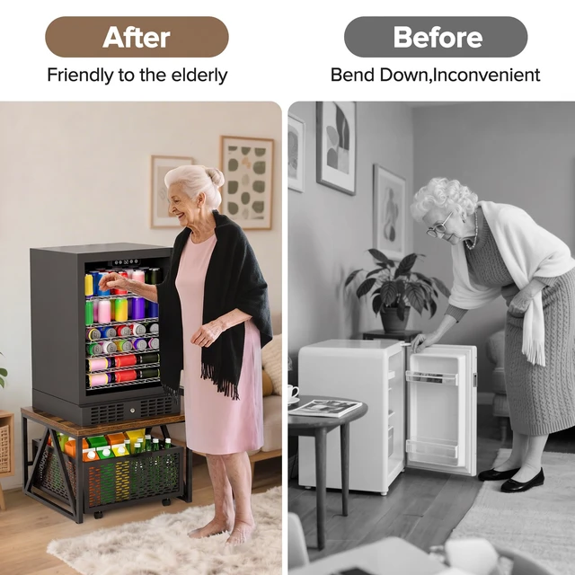 Alt view image 6 of 7 - Mini Fridge Stand with Storage, Heavy Duty Fridge Cart with Drawer Basket, Mini Refrigerator Table for 220 LBS, Mobile Fridge Stand with Swivel Wheels for Dorm,Office,Home, Retro Brown