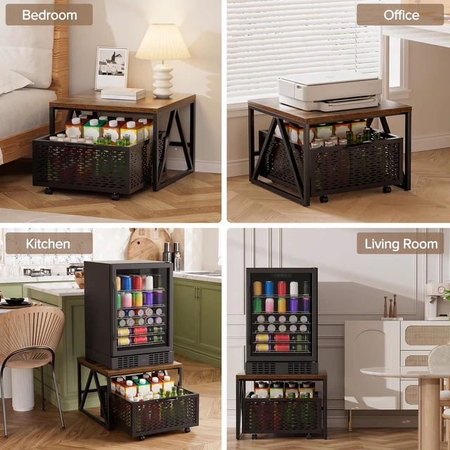 Alt view image 7 of 7 - Mini Fridge Stand with Storage, Heavy Duty Fridge Cart with Drawer Basket, Mini Refrigerator Table for 220 LBS, Mobile Fridge Stand with Swivel Wheels for Dorm,Office,Home, Retro Brown