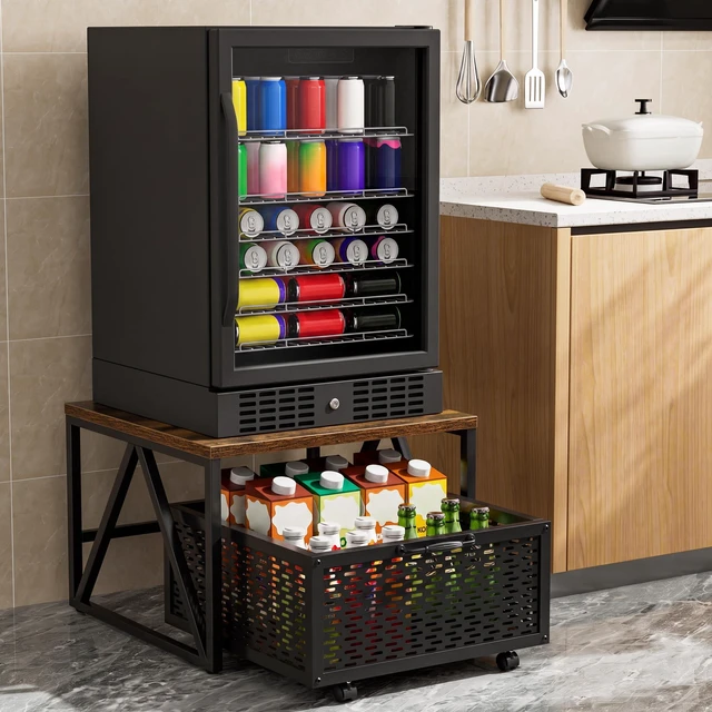 Main image of Mini Fridge Stand with Storage, Heavy Duty Fridge Cart with Drawer Basket, Mini Refrigerator Table for 220 LBS, Mobile Fridge Stand with Swivel Wheels for Dorm,Office,Home, Retro Brown