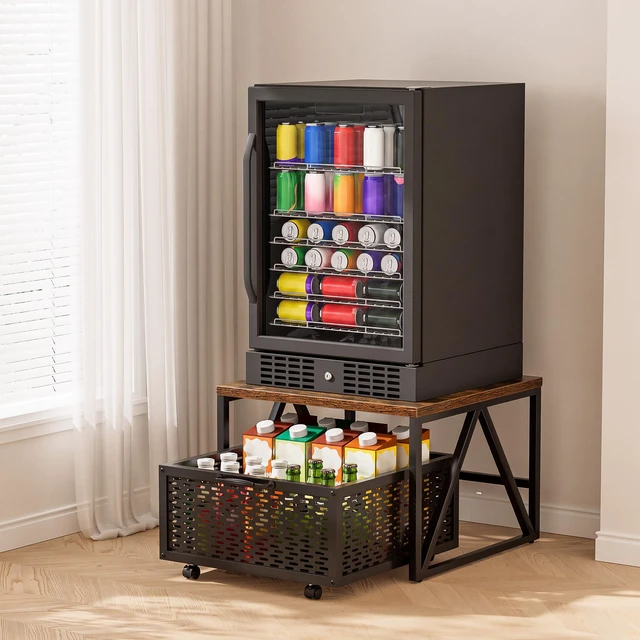 Alt view image 2 of 7 - Mini Fridge Stand with Storage, Heavy Duty Fridge Cart with Drawer Basket, Mini Refrigerator Table for 220 LBS, Mobile Fridge Stand with Swivel Wheels for Dorm,Office,Home, Retro Brown