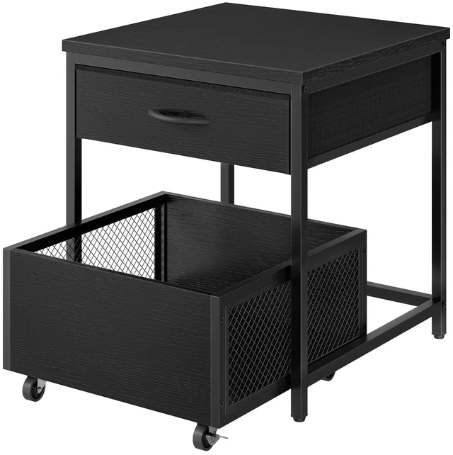 Main image of End Table, 19.7 Inch Square Side Table, Mini Fridge Stand with Storage, Nightstand with Mobile Basket Cart, for Living Room, Bedroom, Black TBZ55BB