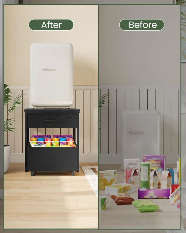 Alt view image 3 of 7 - End Table, 19.7 Inch Square Side Table, Mini Fridge Stand with Storage, Nightstand with Mobile Basket Cart, for Living Room, Bedroom, Black TBZ55BB