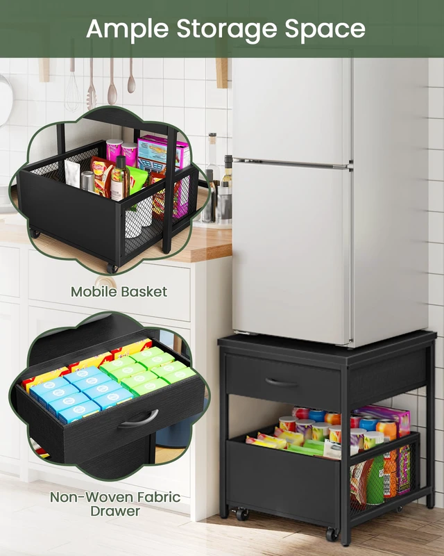 Alt view image 4 of 7 - End Table, 19.7 Inch Square Side Table, Mini Fridge Stand with Storage, Nightstand with Mobile Basket Cart, for Living Room, Bedroom, Black TBZ55BB