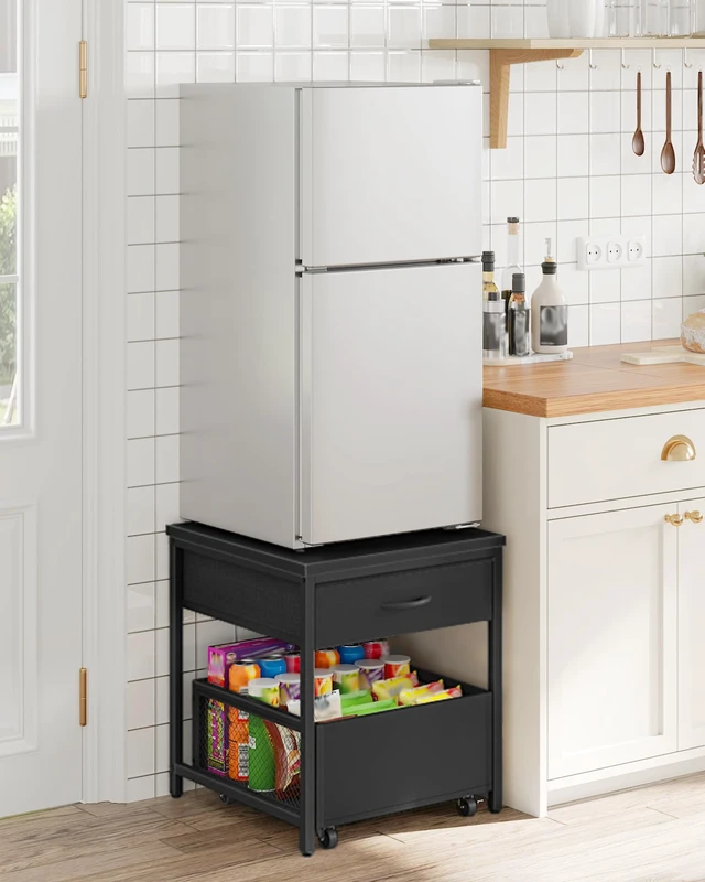 Alt view image 7 of 7 - End Table, 19.7 Inch Square Side Table, Mini Fridge Stand with Storage, Nightstand with Mobile Basket Cart, for Living Room, Bedroom, Black TBZ55BB