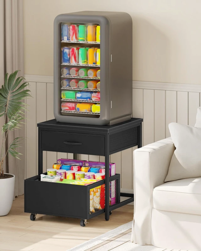 Alt view image 5 of 7 - End Table, 19.7 Inch Square Side Table, Mini Fridge Stand with Storage, Nightstand with Mobile Basket Cart, for Living Room, Bedroom, Black TBZ55BB