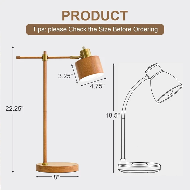 Alt view image 4 of 7 - 22.2" Mid Century Desk Lamp, Modern Metal Table Lamp with LED Bulb, Adjustable Reading Lamps, Industrial Task Lamp for Home Office, Farmhouse Bedside Lamps with Solid Base, Woodgrain