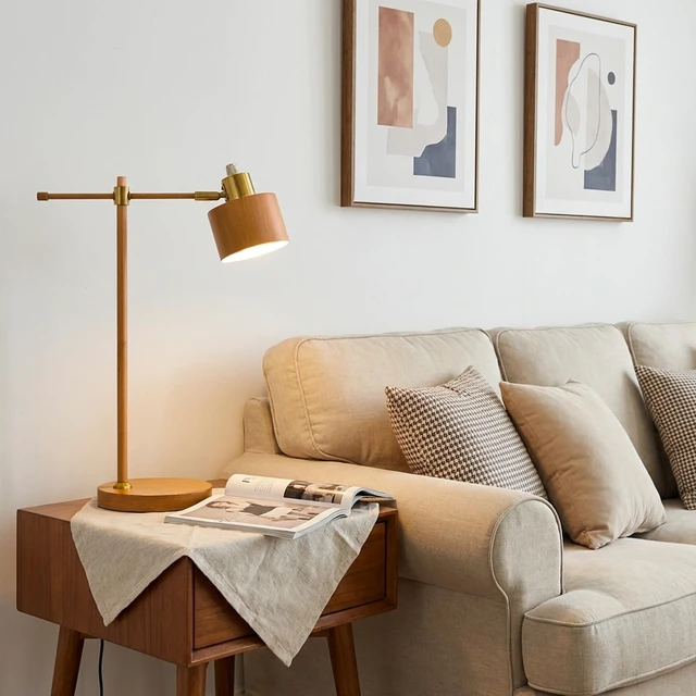 Alt view image 3 of 7 - 22.2" Mid Century Desk Lamp, Modern Metal Table Lamp with LED Bulb, Adjustable Reading Lamps, Industrial Task Lamp for Home Office, Farmhouse Bedside Lamps with Solid Base, Woodgrain