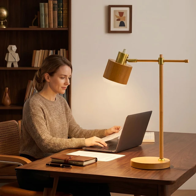 Alt view image 5 of 7 - 22.2" Mid Century Desk Lamp, Modern Metal Table Lamp with LED Bulb, Adjustable Reading Lamps, Industrial Task Lamp for Home Office, Farmhouse Bedside Lamps with Solid Base, Woodgrain
