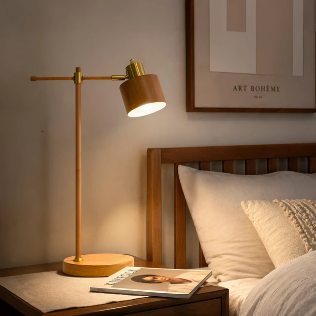 Alt view image 7 of 7 - 22.2" Mid Century Desk Lamp, Modern Metal Table Lamp with LED Bulb, Adjustable Reading Lamps, Industrial Task Lamp for Home Office, Farmhouse Bedside Lamps with Solid Base, Woodgrain