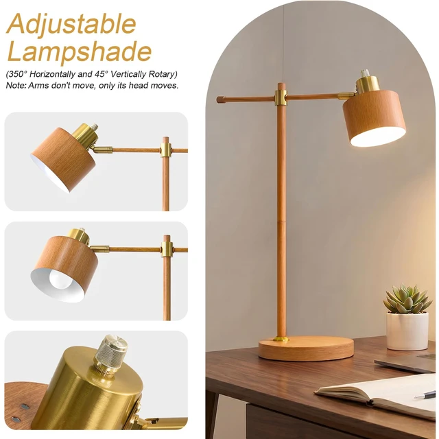 Alt view image 2 of 7 - 22.2" Mid Century Desk Lamp, Modern Metal Table Lamp with LED Bulb, Adjustable Reading Lamps, Industrial Task Lamp for Home Office, Farmhouse Bedside Lamps with Solid Base, Woodgrain