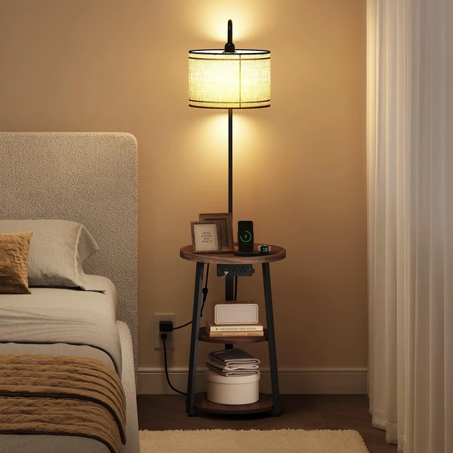 Alt view image 5 of 6 - Floor Lamp with Table, Round Small Side Table with Charging Station | 3-Tier Night Stand with Lamp for Bedroom Living Room Office, USB & Type-C & 2 AC Port, 3 Color Temperatures, Espresso