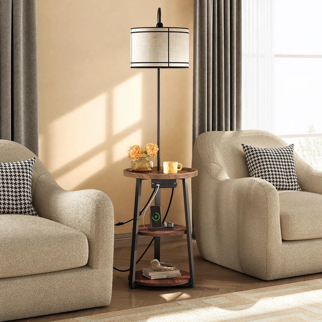 Alt view image 4 of 6 - Floor Lamp with Table, Round Small Side Table with Charging Station | 3-Tier Night Stand with Lamp for Bedroom Living Room Office, USB & Type-C & 2 AC Port, 3 Color Temperatures, Espresso