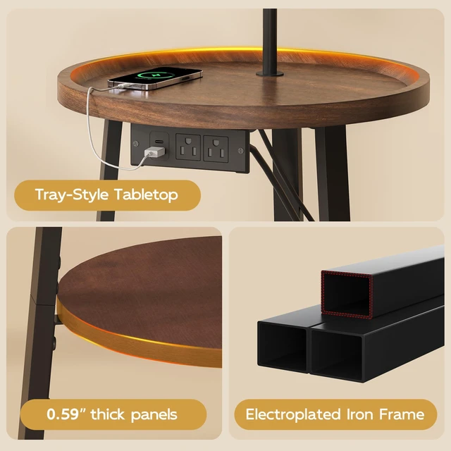 Alt view image 6 of 6 - Floor Lamp with Table, Round Small Side Table with Charging Station | 3-Tier Night Stand with Lamp for Bedroom Living Room Office, USB & Type-C & 2 AC Port, 3 Color Temperatures, Espresso