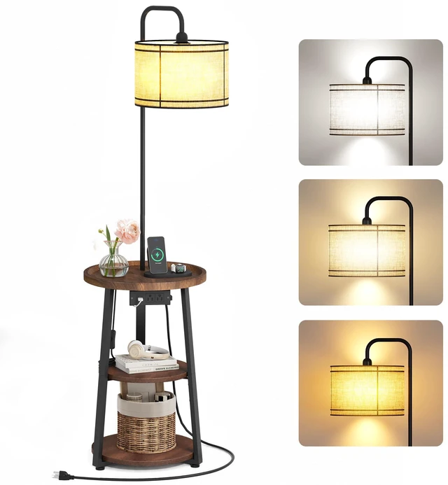 Main image of Floor Lamp with Table, Round Small Side Table with Charging Station | 3-Tier Night Stand with Lamp for Bedroom Living Room Office, USB & Type-C & 2 AC Port, 3 Color Temperatures, Espresso
