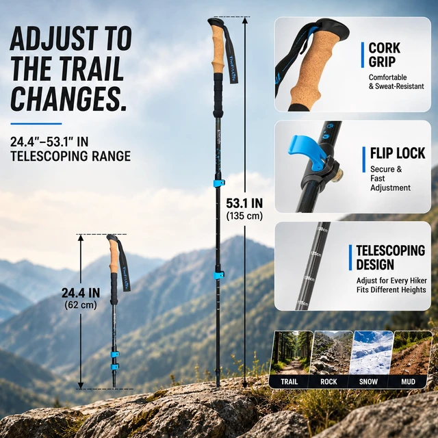Alt view image 5 of 7 - Carbon Fiber Trekking Poles Ultralight Walking Sticks for Hiking | Lightweight Telescopic Poles with Cork Handle, Secure Locks, Snow Baskets for Men, Women, Camping, Backpacking, Snowshoeing